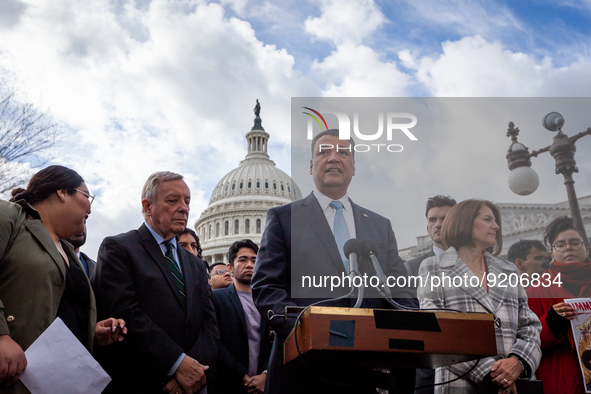 Senator Alex Padilla (D-CA) speaks at a press conference on legislation to make the Deferred Action for Childhood Arrivals Act permanent.  T...