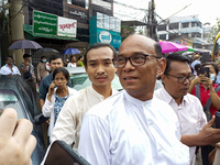 The prominent democracy activist Mya Aye talks to media outside the Insein prison after he was released from detention, in Yangon, Myanmar o...