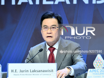 Deputy Prime Minister and Minister of Commerce, Jurin Laksanawisit speaks during the joint press conference on the APEC ministerial meeting...