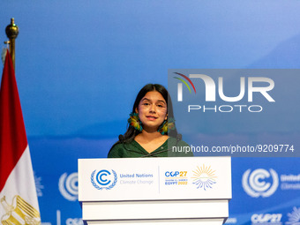 Helena Gualinga, Environmental 
Activist speaks during the Climate Action session in Plenary room during the COP27 UN Climate Change Confere...