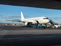 A white passenger plane on the apron without any logo or identification. An Airbus A320 jet aircraft as seen getting loaded with luggage in...