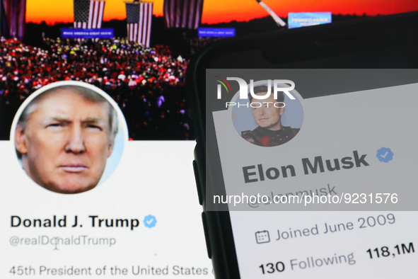 Donald Trump Twitter account displayed on a laptop screen and Elon Musk Twitter account displayed on a phone screen are seen in this illustr...