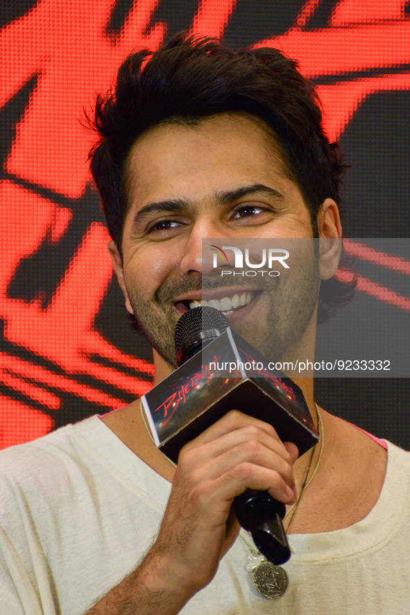 Bollywood actor Varun Dhawan reacts as he speaks to the media during a promotional event of his upcoming film Bhediya, in Kolkata on Novembe...