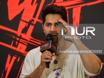 Bollywood actor Varun Dhawan reacts as he speaks to the media during a promotional event of his upcoming film Bhediya, in Kolkata on Novembe...