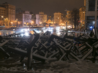 Anti-tank obstacle defense at the Independence Square in center of Kyiv, Ukraine, November, 2022 (