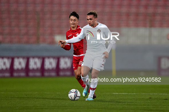 

Portugal U19 player Gonçalo Esteves (R) runs with the ball during the Preparatory Friendly Tournament U19 2023 soccer match between Malta...