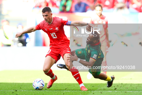 Granit Xhaka (SUI), Bryan Mbeumo (CMR) during the World Cup match between Switzerland vs Cameroon , in Doha, Qatar, on November 24, 2022. 