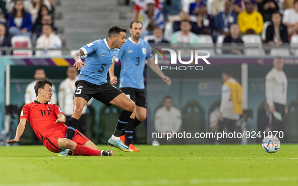 Jaesung Lee , Matias Vecino  during the World Cup match between Uruguay v Korea Republic in Doha, Qatar, on November 24, 2022. 