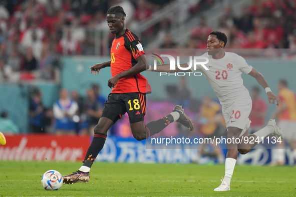(18) ONANA Amadou of Belgium team battel for possession with (20) DAVID Jonathan of Canada team during FIFA World Cup Qatar 2022  Group F fo...