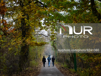 People walk during an autumn day in Dachigam national park in Srinagar, Indian Administered Kashmir on 24 November 2022. Dachigam National P...