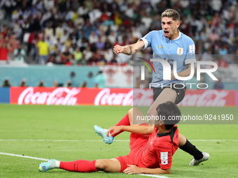 Lee Kang-In of South Korea, Federico Valverde of Uruguay during the FIFA World Cup 2022, Group H football match between Uruguay and Korea Re...