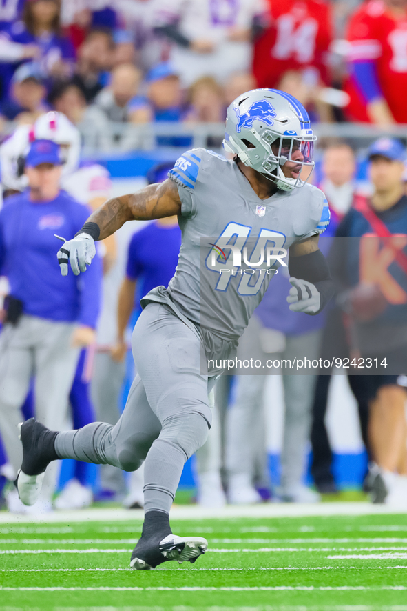 Detroit Lions linebacker Chris Board (49) runs during a play during an NFL football game between the Detroit Lions and the Buffalo Bills in...