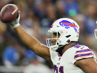 Buffalo Bills defensive tackle Ed Oliver (91) celebrates during an NFL football game between the Detroit Lions and the Buffalo Bills in Detr...