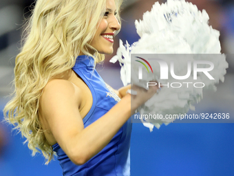 A cheerleader for the Detroit Lions performs during an NFL football game between the Detroit Lions and the Buffalo Bills in Detroit, Michiga...