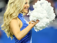 A cheerleader for the Detroit Lions performs during an NFL football game between the Detroit Lions and the Buffalo Bills in Detroit, Michiga...