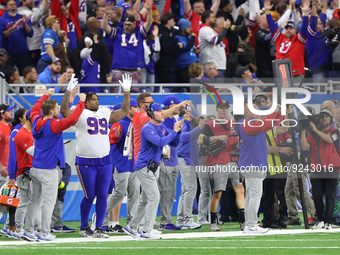 Buffalo Bills head coach Sean McDermott celebrates during the second half of an NFL football game between the Detroit Lions and the Buffalo...