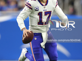Buffalo Bills quarterback Josh Allen (17) runs the ball during the second half of an NFL football game between the Detroit Lions and the Buf...
