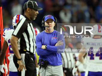 Buffalo Bills head coach Sean McDermott looks on from the sidelines during an NFL football game between the Detroit Lions and the Buffalo Bi...