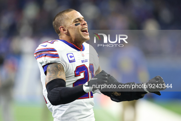 Buffalo Bills safety Jordan Poyer (21) celebrates after the victory over the Detroit Lions during an NFL football game. The  Bills beat the...