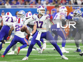 Buffalo Bills quarterback Josh Allen (17) looks to pass during the second half of an NFL football game between the Detroit Lions and the Buf...