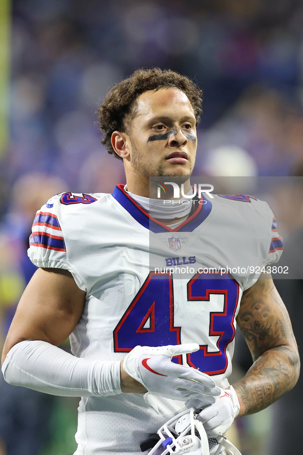 Buffalo Bills linebacker Terrel Bernard (43) walks off the field after the conclusion of an NFL football game between the Detroit Lions and...