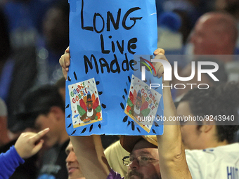 A fan holds a sign in the stands during an NFL football game between the Detroit Lions and the Buffalo Bills in Detroit, Michigan USA, on Th...
