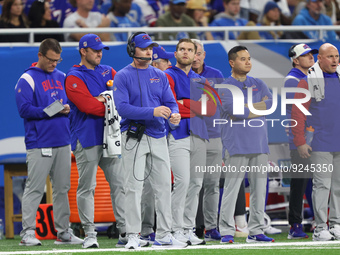 Buffalo Bills head coach Sean McDermott follows the play during the second half of an NFL football game between the Detroit Lions and the Bu...