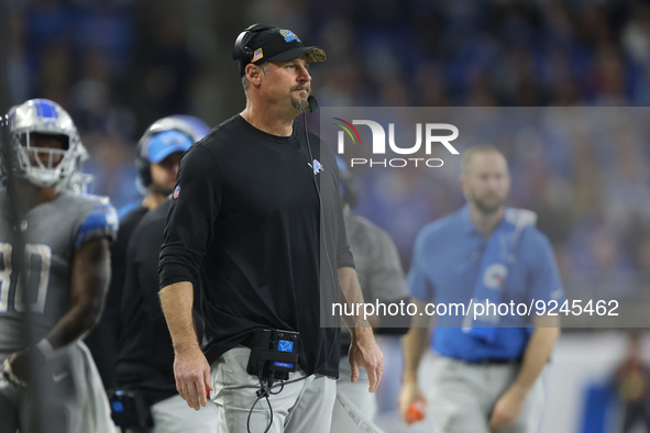 Detroit Lions head coach Dan Campbell follows the play during the first half of an NFL football game between the Detroit Lions and the Buffa...