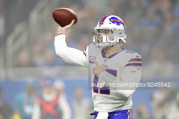 Buffalo Bills quarterback Josh Allen (17) throws a pass during the first half of an NFL football game between the Detroit Lions and the Buff...