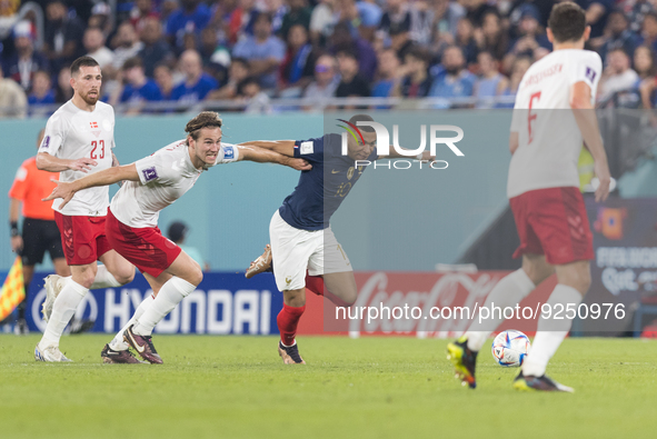 Joachim Andersen , Kylian Mbappe  during the World Cup match between France vs Denmark, in Doha, Qatar, on November 26, 2022. 