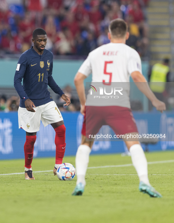Ousmane Dembele , Joakim Maehle  during the World Cup match between France vs Denmark, in Doha, Qatar, on November 26, 2022. 