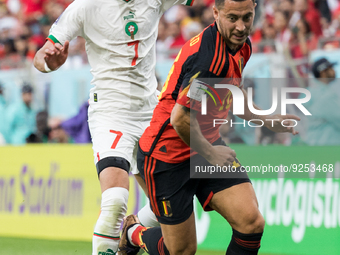 Hakim Ziyech , Eden Hazard  during the World Cup match between Belgium vs Morocco, in Doha, Qatar, on November 27, 2022. (