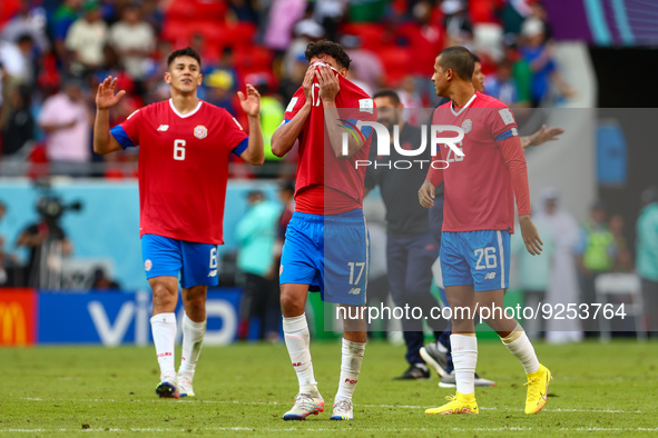 Oscar Duarte (CRC), Yeltsin Tejeda (CRC), Alvaro Zamora (CRC) during the World Cup match between Japan v Costa Rica , in Doha, Qatar, on Nov...