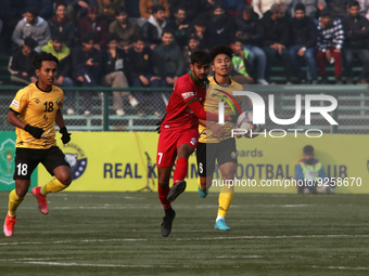 Players of Real Kashmir FC and Churchill Brothers FC in action during Hero I-League football tournament, at TRC ground in Srinagar,Kashmir o...