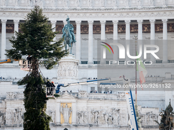 Workers set up a giant Christmas tree in Piazza Venezia on November 29, 2022 in Rome, Italy. (