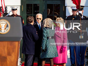 President Joe Biden and Dr. Jill Biden greet President Emmanuel Macron and Mrs. Brigitte Macron of France for a state visit, the first for t...