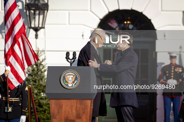 President Joe Biden and President Emmanuel Macron of France shake hands during a state visit, the first for the Biden-Harris Administration....