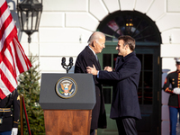 President Joe Biden and President Emmanuel Macron of France shake hands during a state visit, the first for the Biden-Harris Administration....