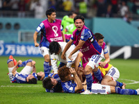 Team Japan celebrates during the World Cup match between Japan v Spain , in Doha, Qatar, on December 1 , 2022.
(
