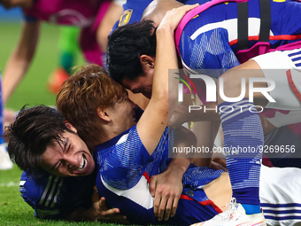 Team Japan celebrates during the World Cup match between Japan v Spain , in Doha, Qatar, on December 1 , 2022.
(