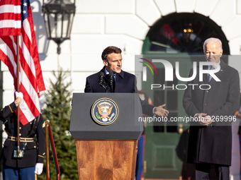 President Emmanuel Macron of France delivers remarks during the official arrival ceremony for a state visit with President Joe Biden, the fi...