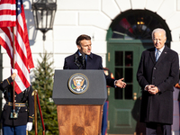 President Emmanuel Macron of France delivers remarks during the official arrival ceremony for a state visit with President Joe Biden, the fi...