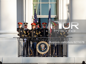 The President's Own US Marine Band awaits President Joe Biden at the official arrival ceremony of and Mrs. Brigitte Macron of France for a s...