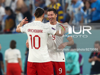 Grzegorz Krychowiak (POL), Robert Lewandowski (POL) during the World Cup match between Poland v Argentina , in Doha, Qatar, on December 1, 2...