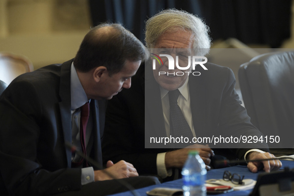 The Secretary of the Organization of the American State(OAS) Luis Almagro(right) alongside Chief of Staff Gonzalo Koncke(left) talk to each...