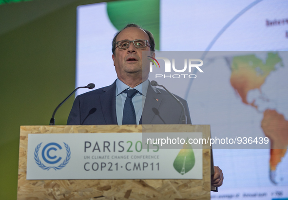 French President Francois Hollande speaking during the Heads of State media event on carbon pricing, as part of the COP21 United Nations con...