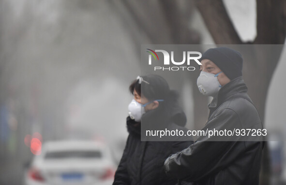 (151201) -- BEIJING, Dec. 1, 2015 () -- People wearing respirators walk on the street in Beijing, capital of China, Dec. 1, 2015. Heavy fog...