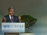 Peru's environment minister Manuel Pulgar-Vidal gives a speech focus on forests during the United Nations conference on climate change COP21...