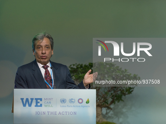 Peru's environment minister Manuel Pulgar-Vidal gives a speech focus on forests during the United Nations conference on climate change COP21...