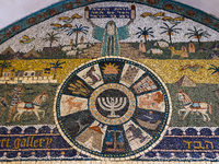 Mosaic of symbols of the 12 tribes of ancient Israel at Jewish Quarter in the Old City in Jerusalem, Israel on December 29, 2022. (